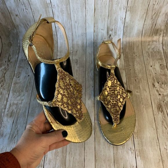 Vince Camuto Shoes - Vince Camuto Valeen Women's Gold Jeweled Thong Ankle Strap Size 9m Sandals
